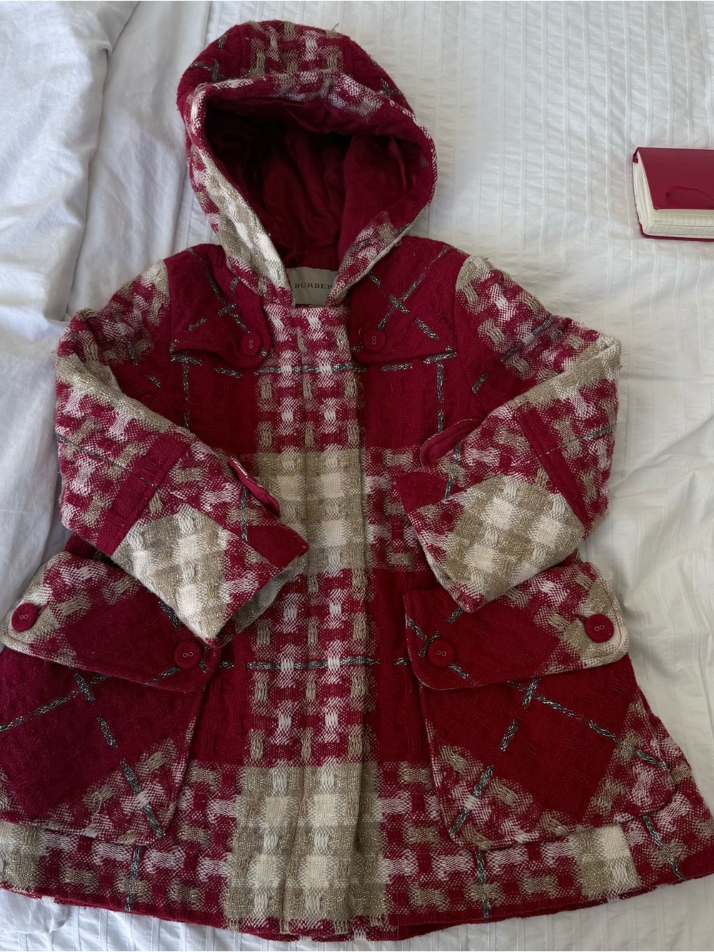 Burberry coat girl 5T wool red hood zip - Picture 2 of 6